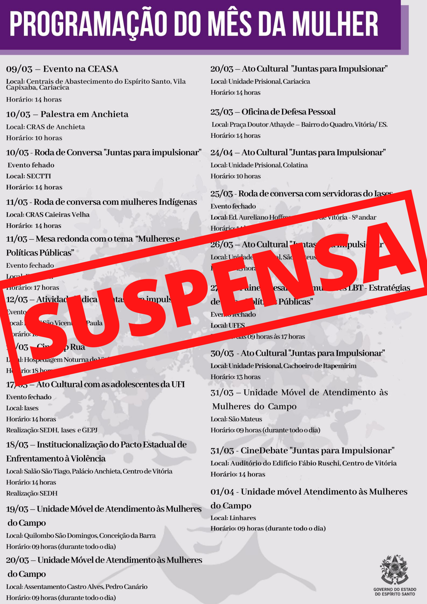 Programação do Mês da Mulher - SUSPENSA
