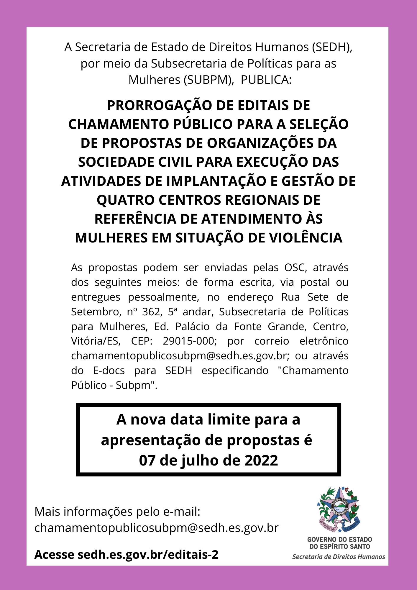 PRORROGAÇÃO EDITAIS CENTROS - MULHERES